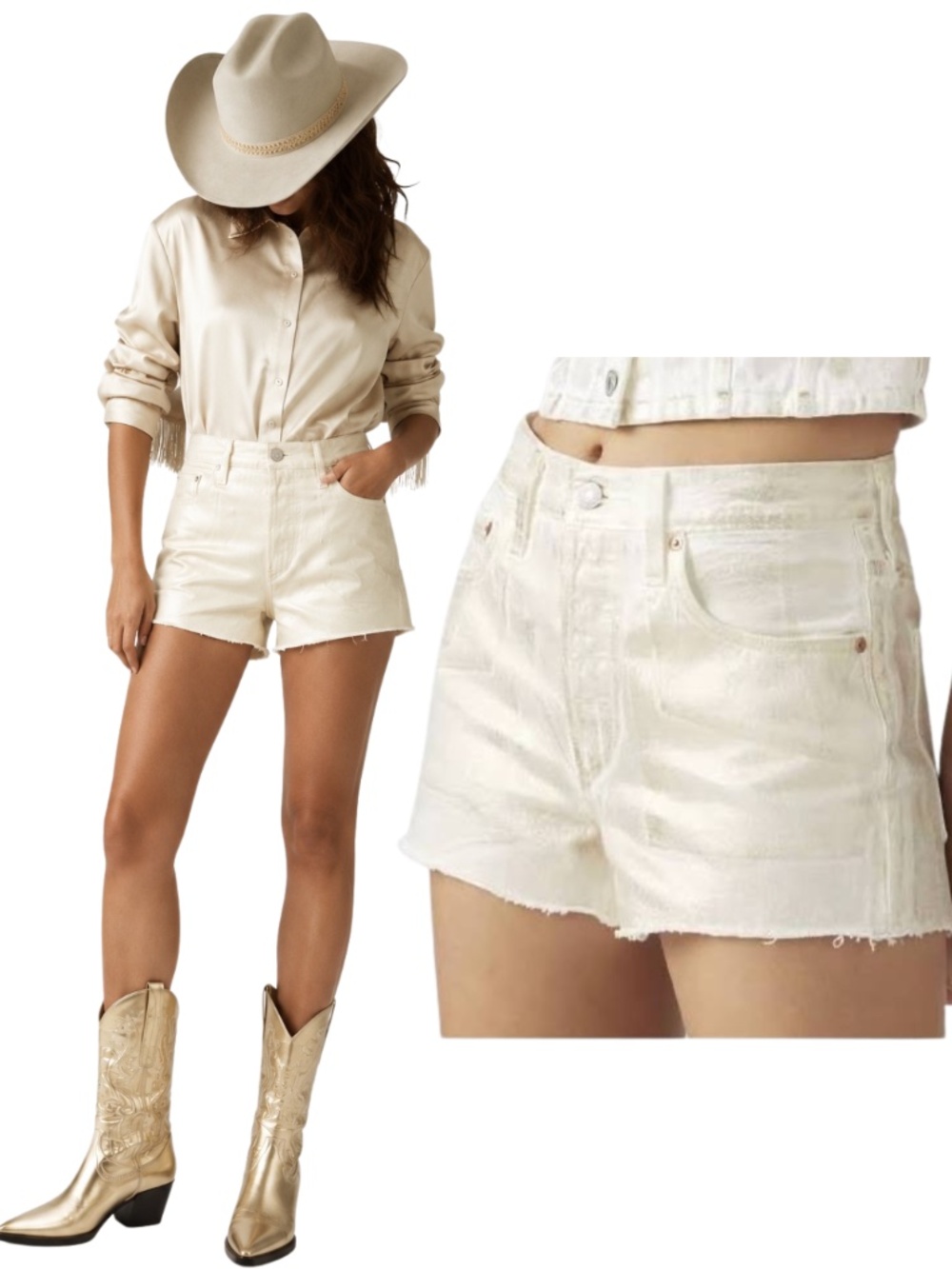 Levi's 501 Original High Rise Coated Gold Foil White Denim Cut Off Shorts Sz 30